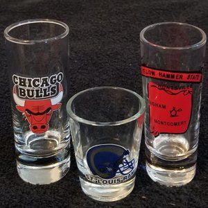 Assorted Three Shot Glasses NBA.& NFL & Alabama